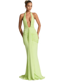 Thumbnail for Deep V-Neck Halter Maxi Dress Women's Sleeveless Ruched Gown Draped Club Party Long Dress, Drestiny, Maxi Dresses, Dresses, Sleeveless, S, M, L, 4, 6, 8, 10, United States, USA, Canada, Australia, New Zealand, United Kingdom, UK, White, Black, Wine Red, Sky Blue, Green, Purple, V-neck maxi dress, Halter neck dress, Summer Maxi Dress, Wedding Guest maxi dress, Backless maxi dress, elegant maxi dress, shopdrestiny.com