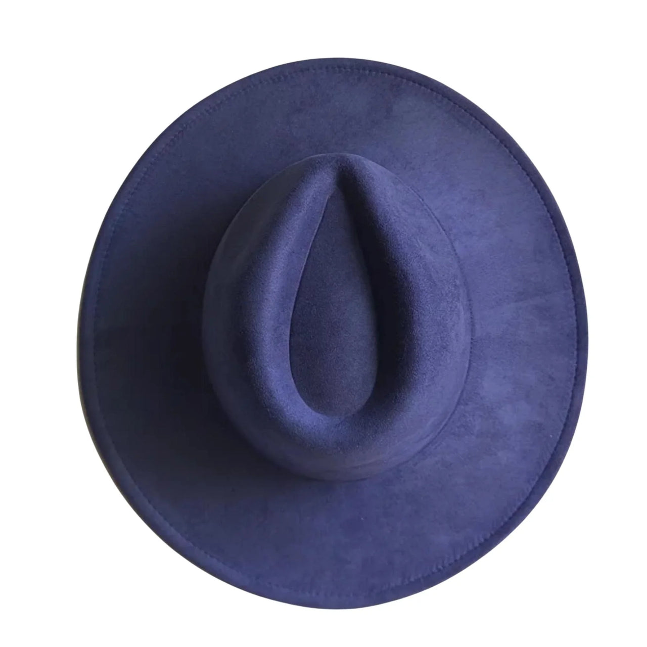 Denim blue wide brimmed hat on a white background
