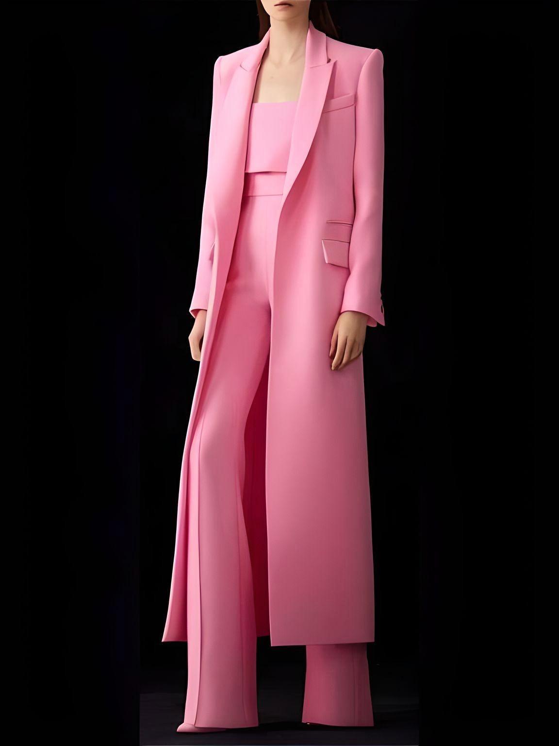 Designer Custom-Made Women Suits Sets Fashion Long Blazer+Wide Leg Pants 2 Piece Elongated Jacket Formal Suit -, Outfit Sets , Drestiny , Blazers, Dress Pants, Jackets, Long Sleeves, Pant Sets, Pant Suits, Pink, Sets , Drestiny , www.shopdrestiny.com