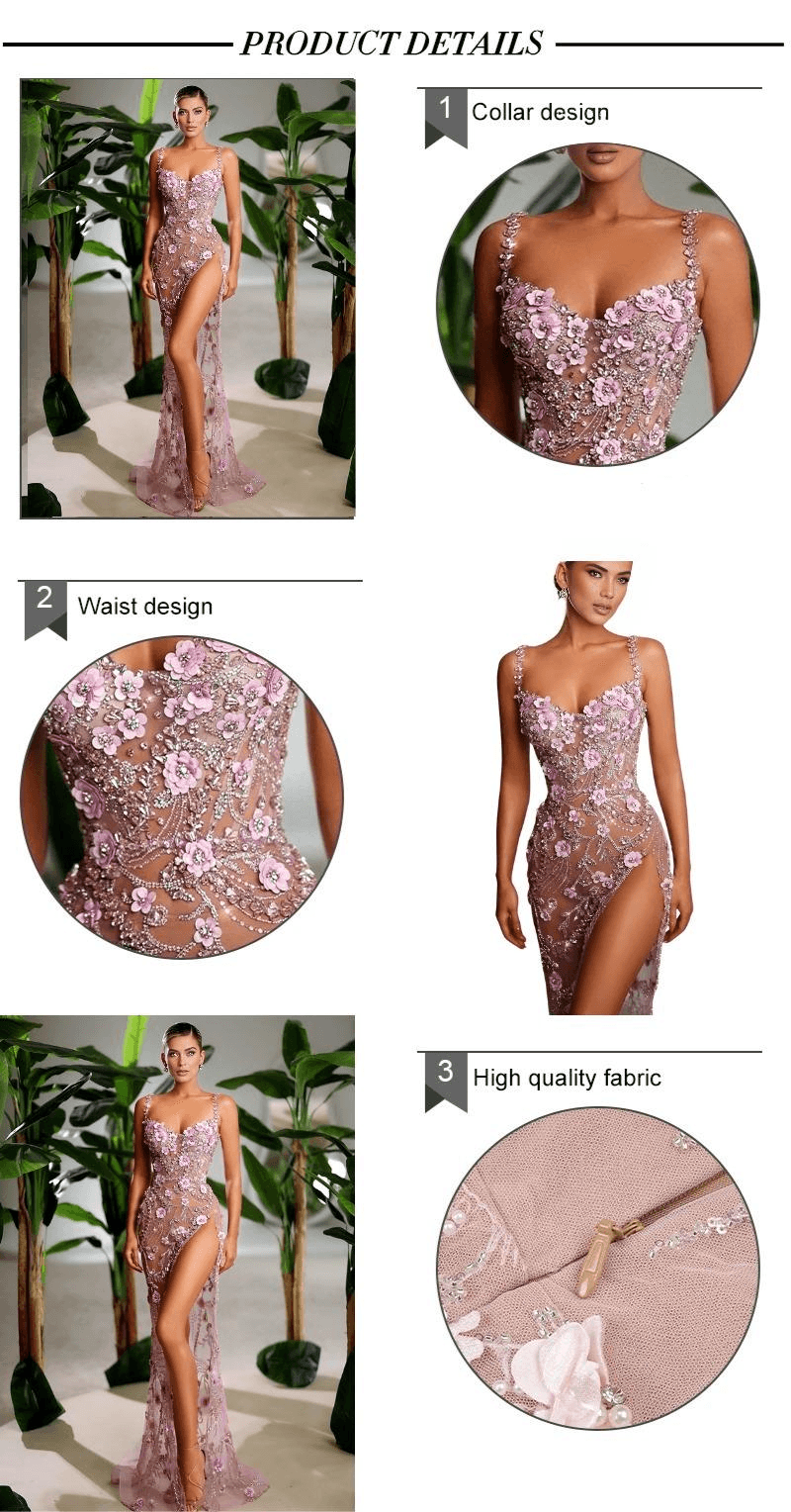 Prom dress with detailed features like collar, waist, and fabric quality on a model.