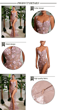 Thumbnail for Diamond-Beaded Pink Sheer Gown Spaghetti Strap Pearls Sequins Structured Flowers High Split Mesh Trendy Celebrity Party Gown