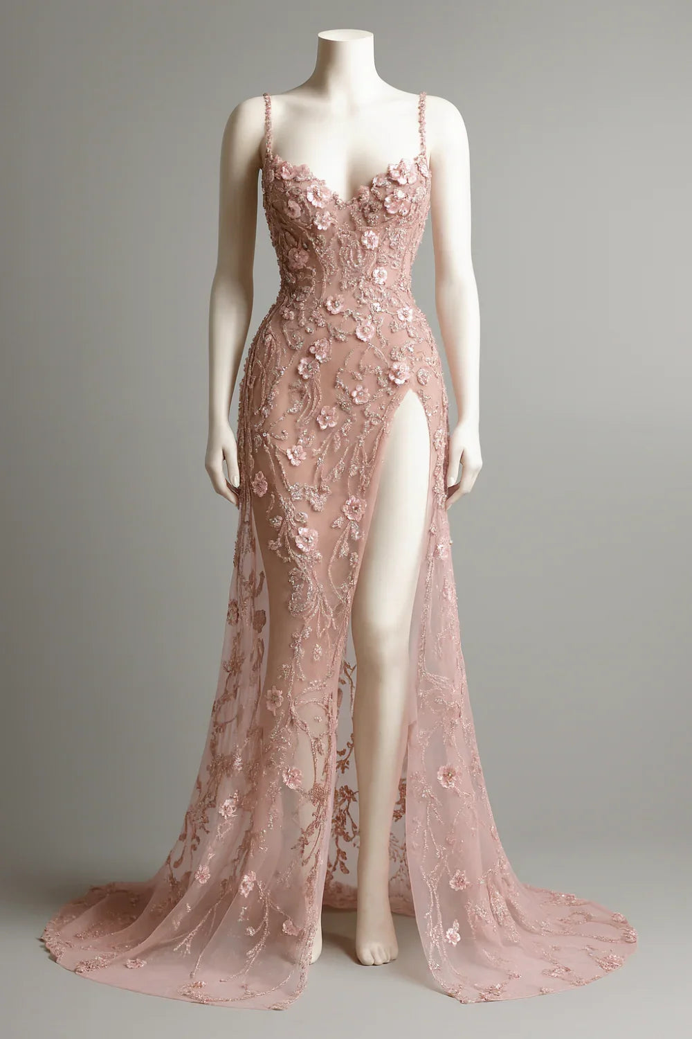 Pink evening gown with floral embroidery on a mannequin against a gray background