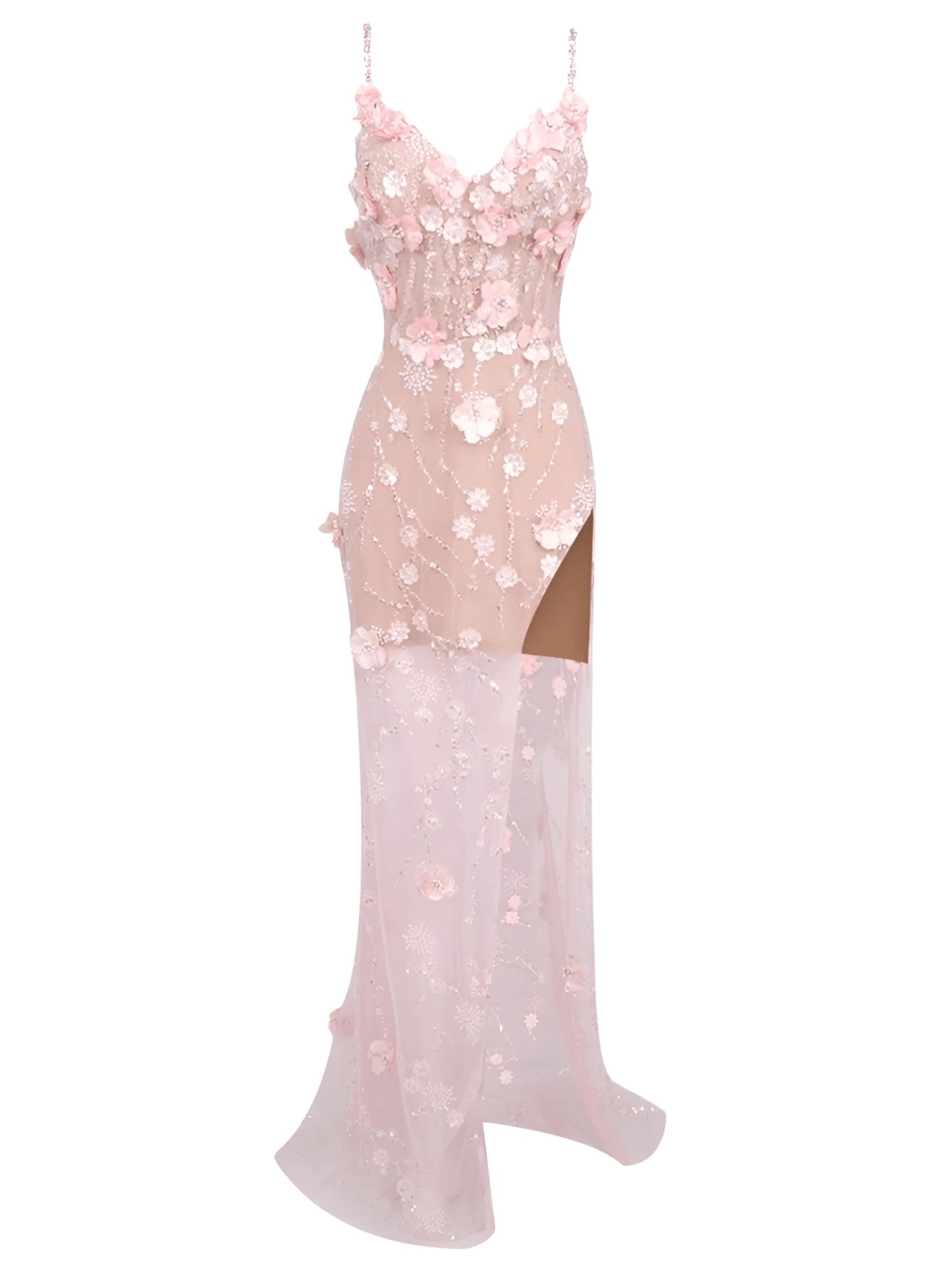 Diamond-Beaded Pink Sheer Gown Spaghetti Strap Pearls Sequins Structured Flowers High Split Mesh Trendy Celebrity Party Gown