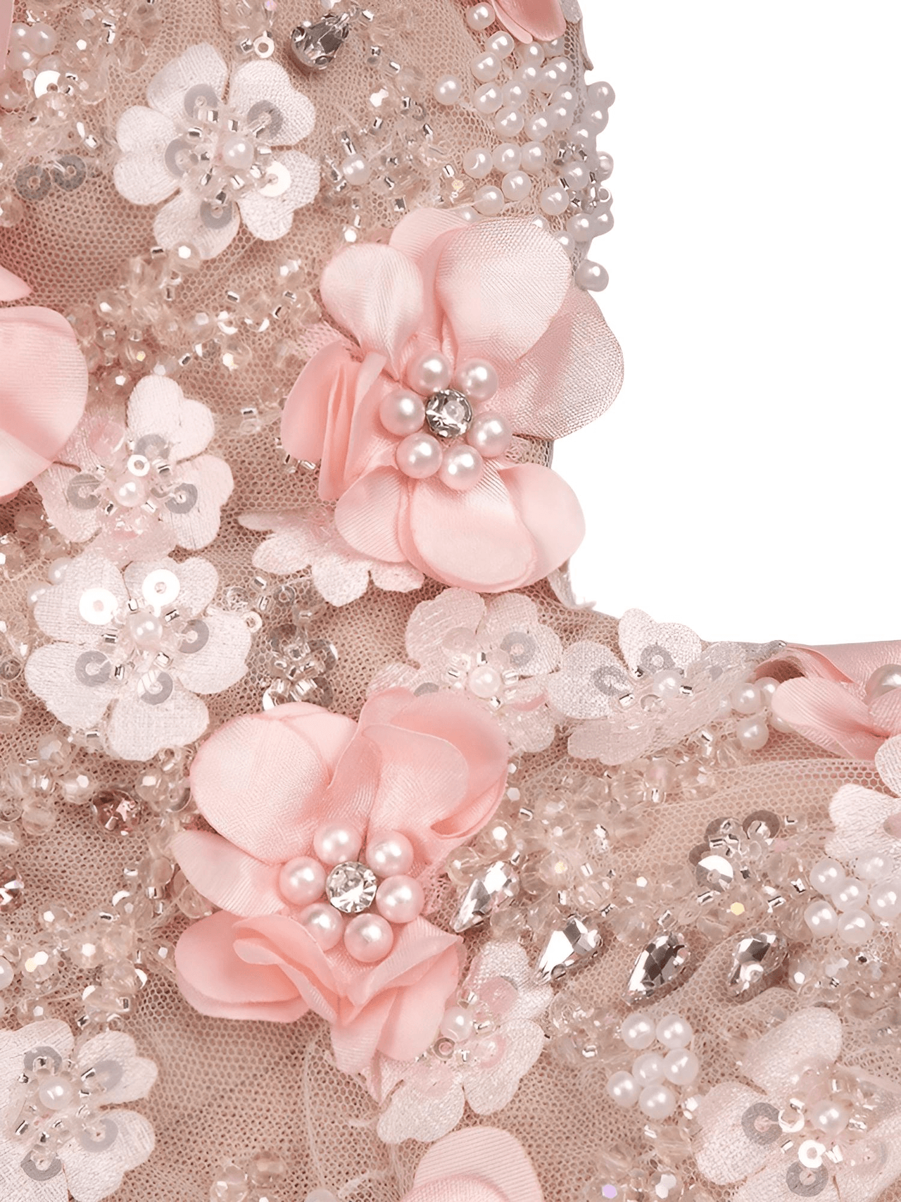 Close-up of pink floral embellishments with pearls and crystals on a beige fabric background