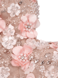 Thumbnail for Diamond-Beaded Pink Sheer Gown Spaghetti Strap Pearls Sequins Structured Flowers High Split Mesh Trendy Celebrity Party Gown