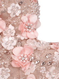 Thumbnail for Close-up of pink floral embellishments with pearls and crystals on a beige fabric background