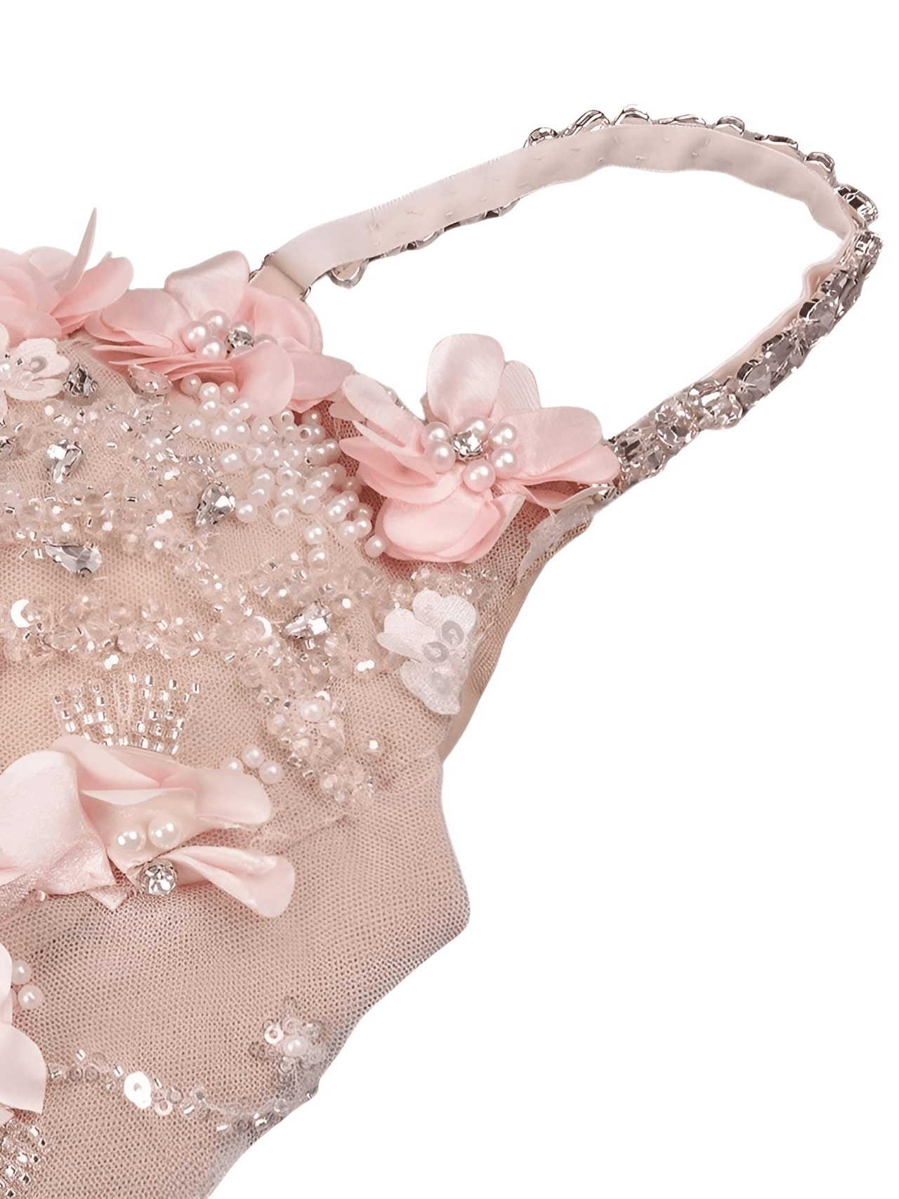 Diamond-Beaded Pink Sheer Gown Spaghetti Strap Pearls Sequins Structured Flowers High Split Mesh Trendy Celebrity Party Gown
