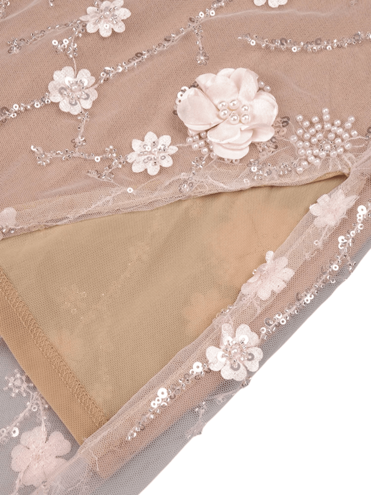 Beige fabric with floral lace trim and embellishments on a neutral background