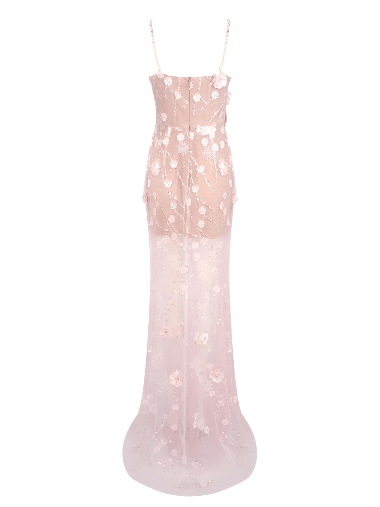 Diamond-Beaded Pink Sheer Gown Spaghetti Strap Pearls Sequins Structured Flowers High Split Mesh Trendy Celebrity Party Gown