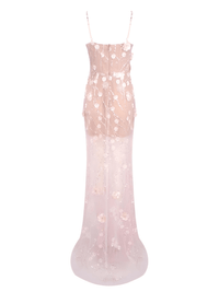 Thumbnail for Diamond-Beaded Pink Sheer Gown Spaghetti Strap Pearls Sequins Structured Flowers High Split Mesh Trendy Celebrity Party Gown
