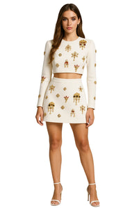 Thumbnail for Luxury Colorful Diamond Beaded Skirt Set Long Sleeve Black Short Top + Skirt Two-Piece Set