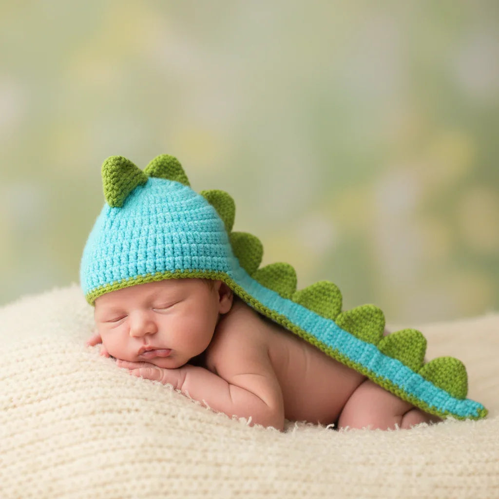 Newborn baby wearing a dinosaur-themed crochet hat with a blurred green and brown background