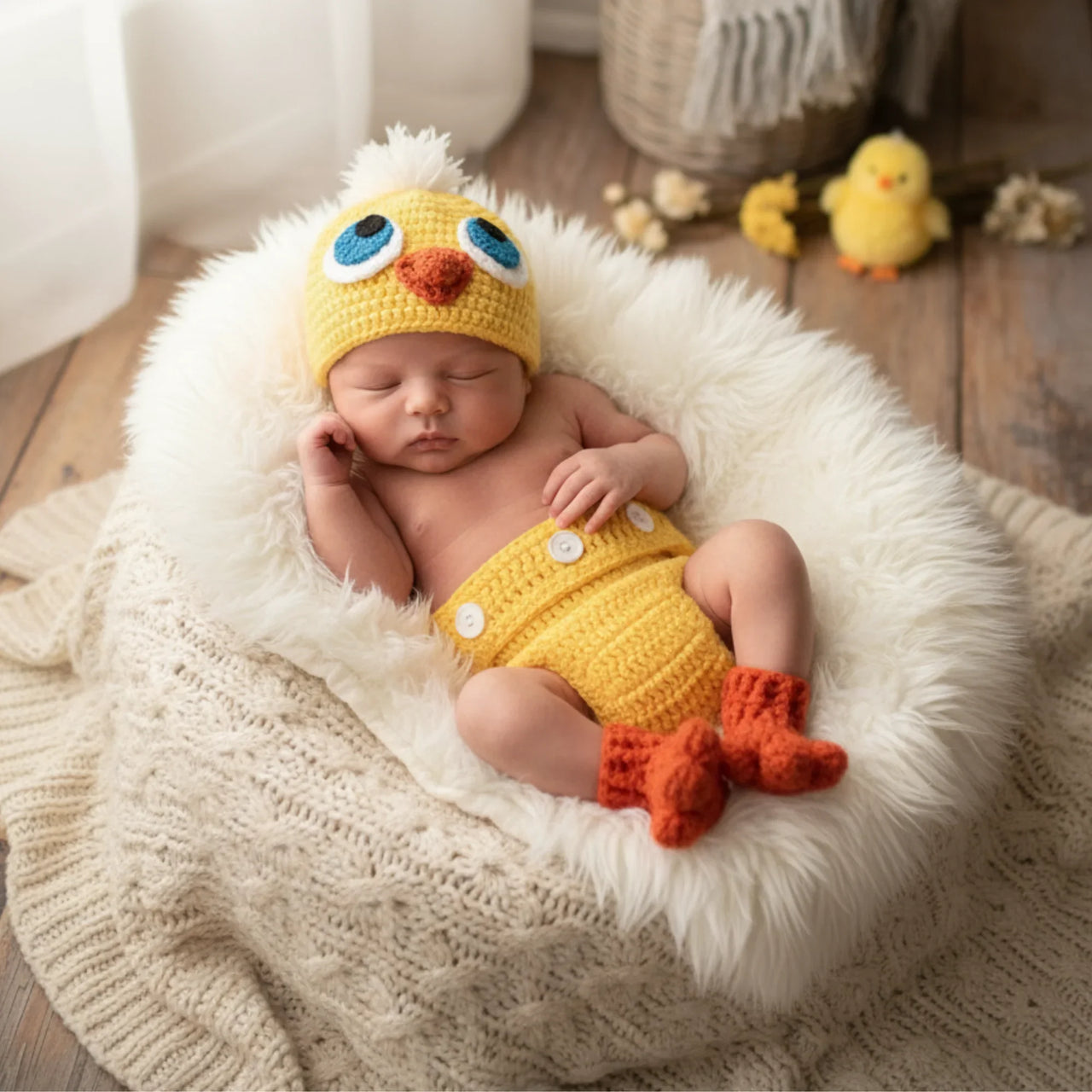 Newborn baby in a yellow crochet outfit with duck design on a fluffy white blanket.