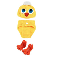 Thumbnail for Crocheted baby chick outfit with hat, diaper cover, and shoes on a white background