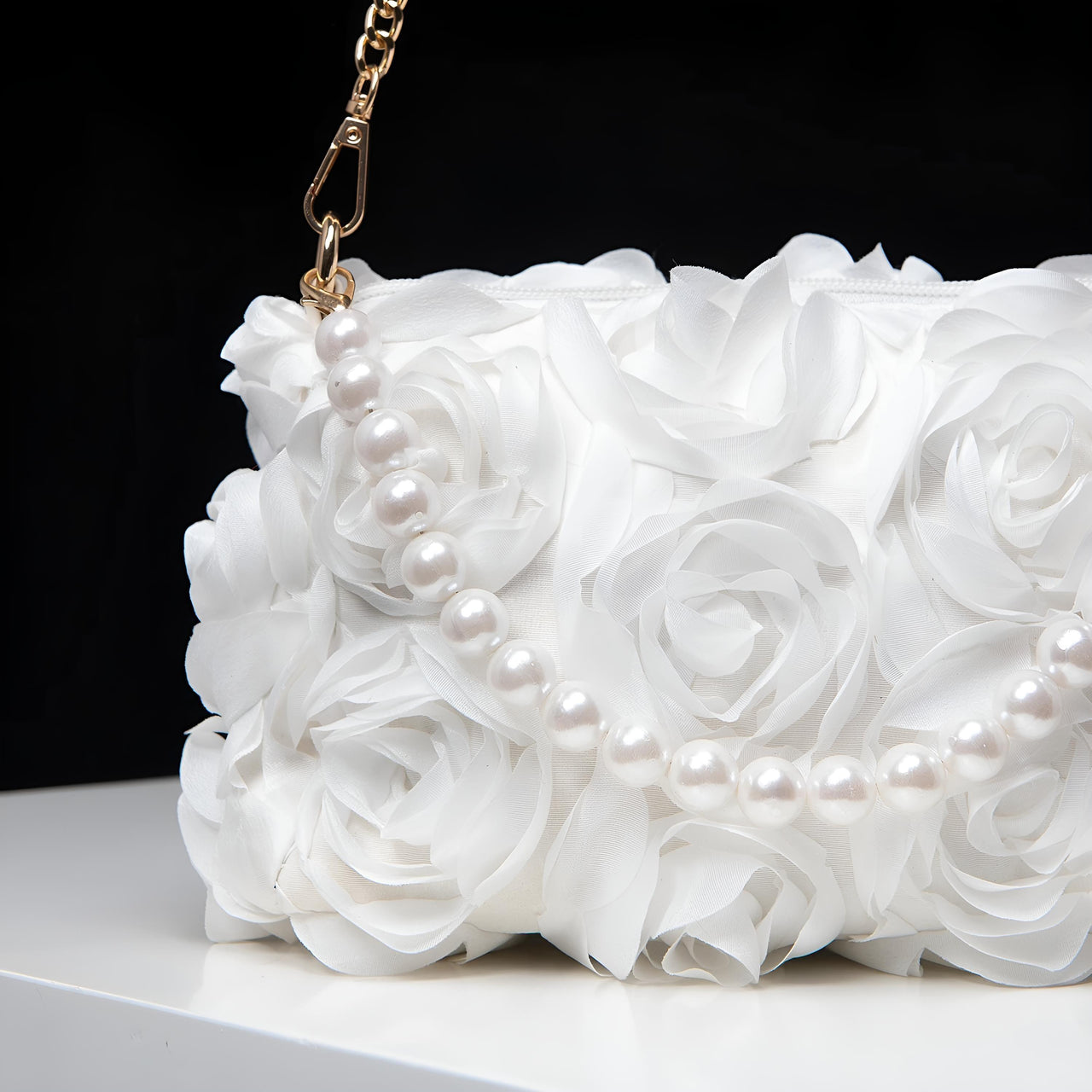 Elegant Rose Flower Dinner Bag Faux Pearl Handbag Metal Chain Crossbody Bag, Drestiny, Handbags, Purses, United States, Canada, Australia, New Zealand, United Kingdom, Flower Handbags, Floral Handbags, Small flower handbags, flower handbags for women, Pink, Purple, Pink Handbags, Purple Handbags, Lavender, Ivory, White, shopdrestiny.com