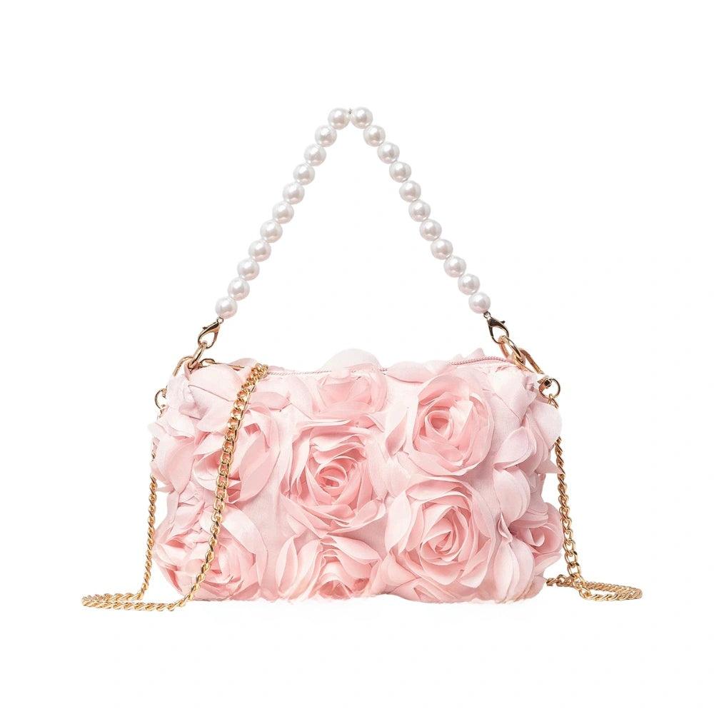 Elegant Rose Flower Dinner Bag Faux Pearl Handbag Metal Chain Crossbody Bag, Drestiny, Handbags, Purses, United States, Canada, Australia, New Zealand, United Kingdom, Flower Handbags, Floral Handbags, Small flower handbags, flower handbags for women, Pink, Purple, Pink Handbags, Purple Handbags, Lavender, Ivory, White, shopdrestiny.com