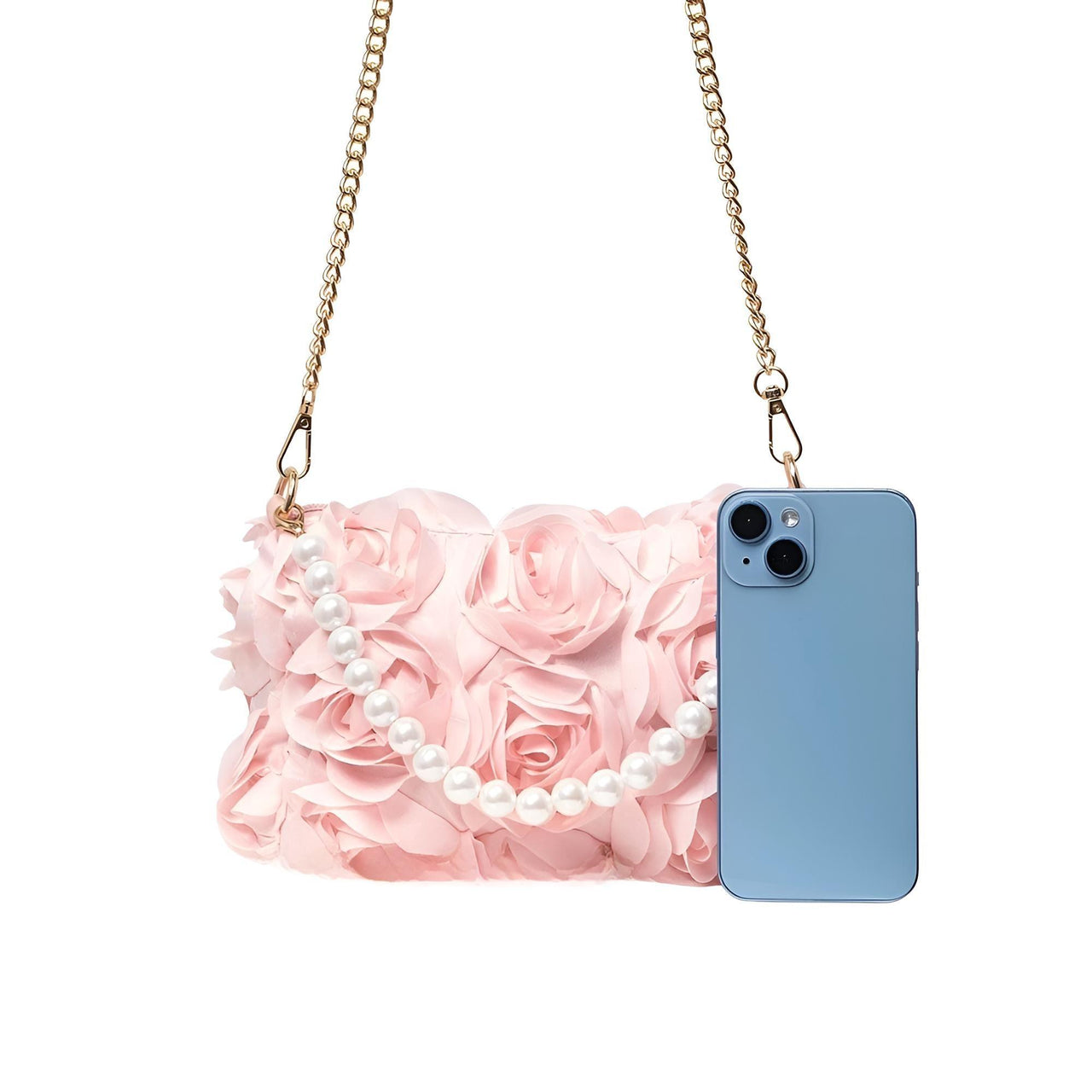 Elegant Rose Flower Dinner Bag Faux Pearl Handbag Metal Chain Crossbody Bag, Drestiny, Handbags, Purses, United States, Canada, Australia, New Zealand, United Kingdom, Flower Handbags, Floral Handbags, Small flower handbags, flower handbags for women, Pink, Purple, Pink Handbags, Purple Handbags, Lavender, Ivory, White, shopdrestiny.com