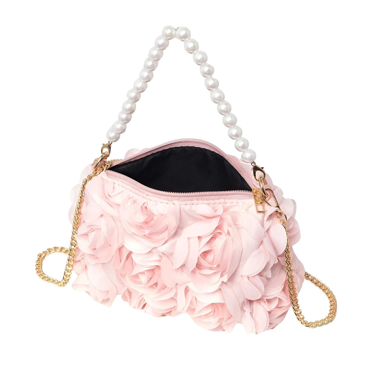 Elegant Rose Flower Dinner Bag Faux Pearl Handbag Metal Chain Crossbody Bag, Drestiny, Handbags, Purses, United States, Canada, Australia, New Zealand, United Kingdom, Flower Handbags, Floral Handbags, Small flower handbags, flower handbags for women, Pink, Purple, Pink Handbags, Purple Handbags, Lavender, Ivory, White, shopdrestiny.com