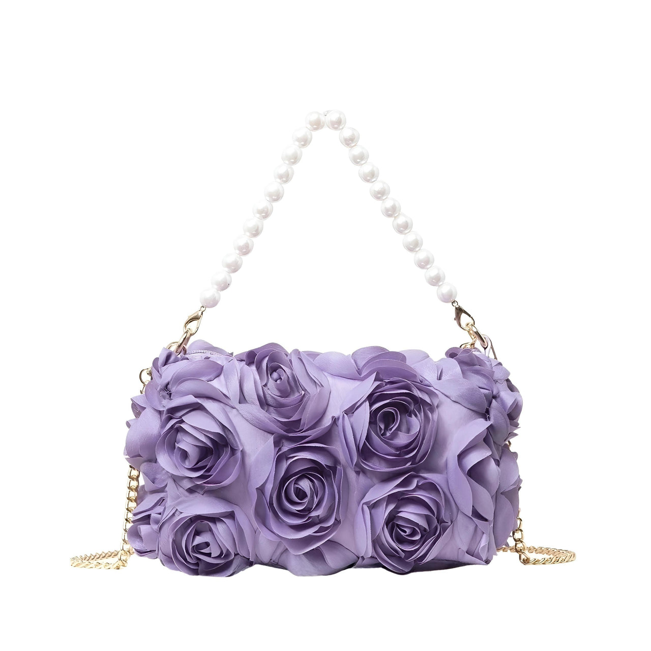 Elegant Rose Flower Dinner Bag Faux Pearl Handbag Metal Chain Crossbody Bag, Drestiny, Handbags, Purses, United States, Canada, Australia, New Zealand, United Kingdom, Flower Handbags, Floral Handbags, Small flower handbags, flower handbags for women, Pink, Purple, Pink Handbags, Purple Handbags, Lavender, Ivory, White, shopdrestiny.com