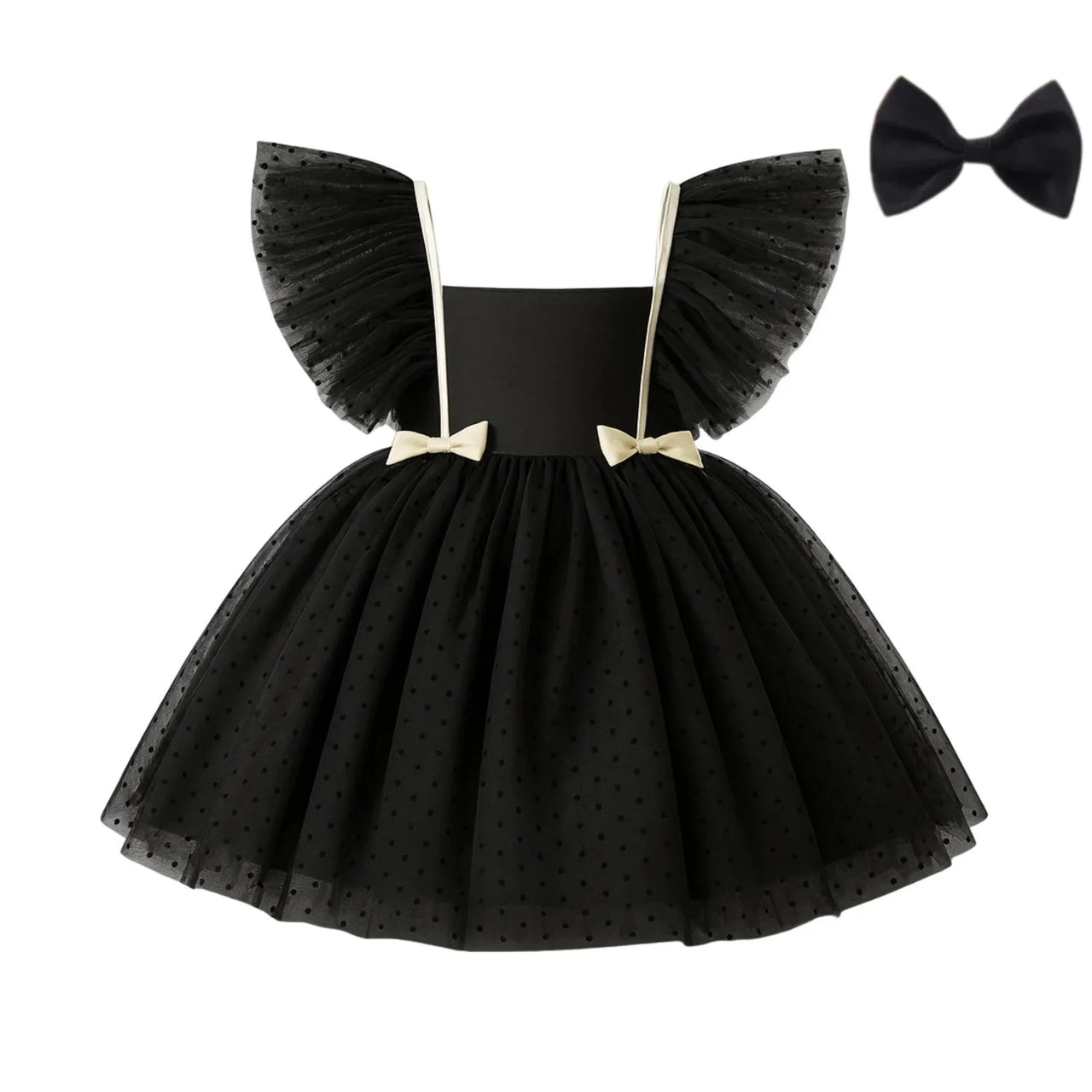 Black polka dot dress with ruffled sleeves and a matching bow on a white background