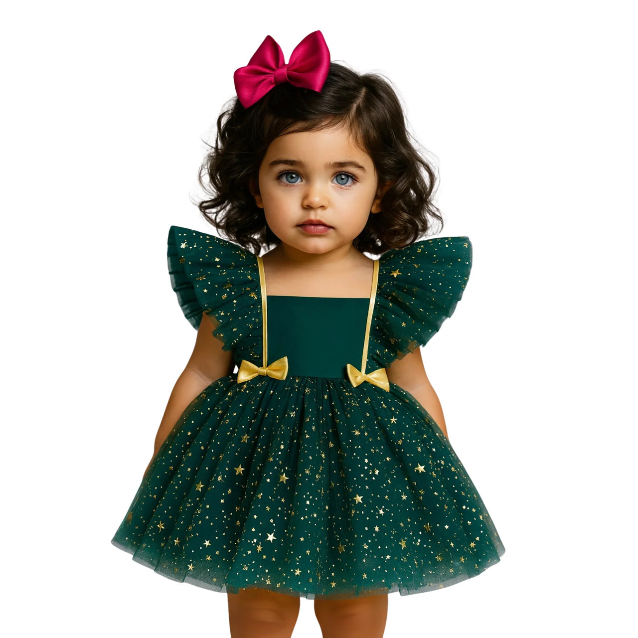 Young girl wearing a green dress with gold accents on a white background