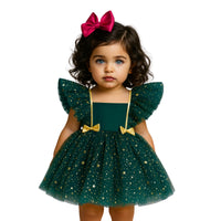Thumbnail for Young girl wearing a green dress with gold accents on a white background