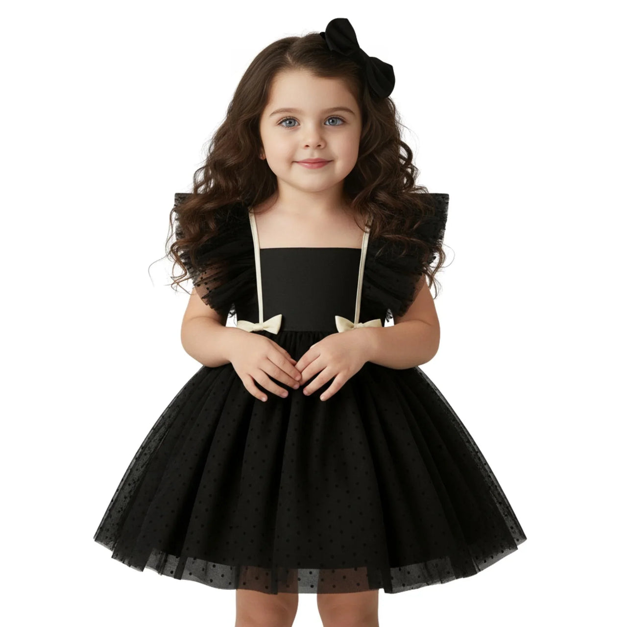 Young girl wearing a black dress with ruffled sleeves on a white background