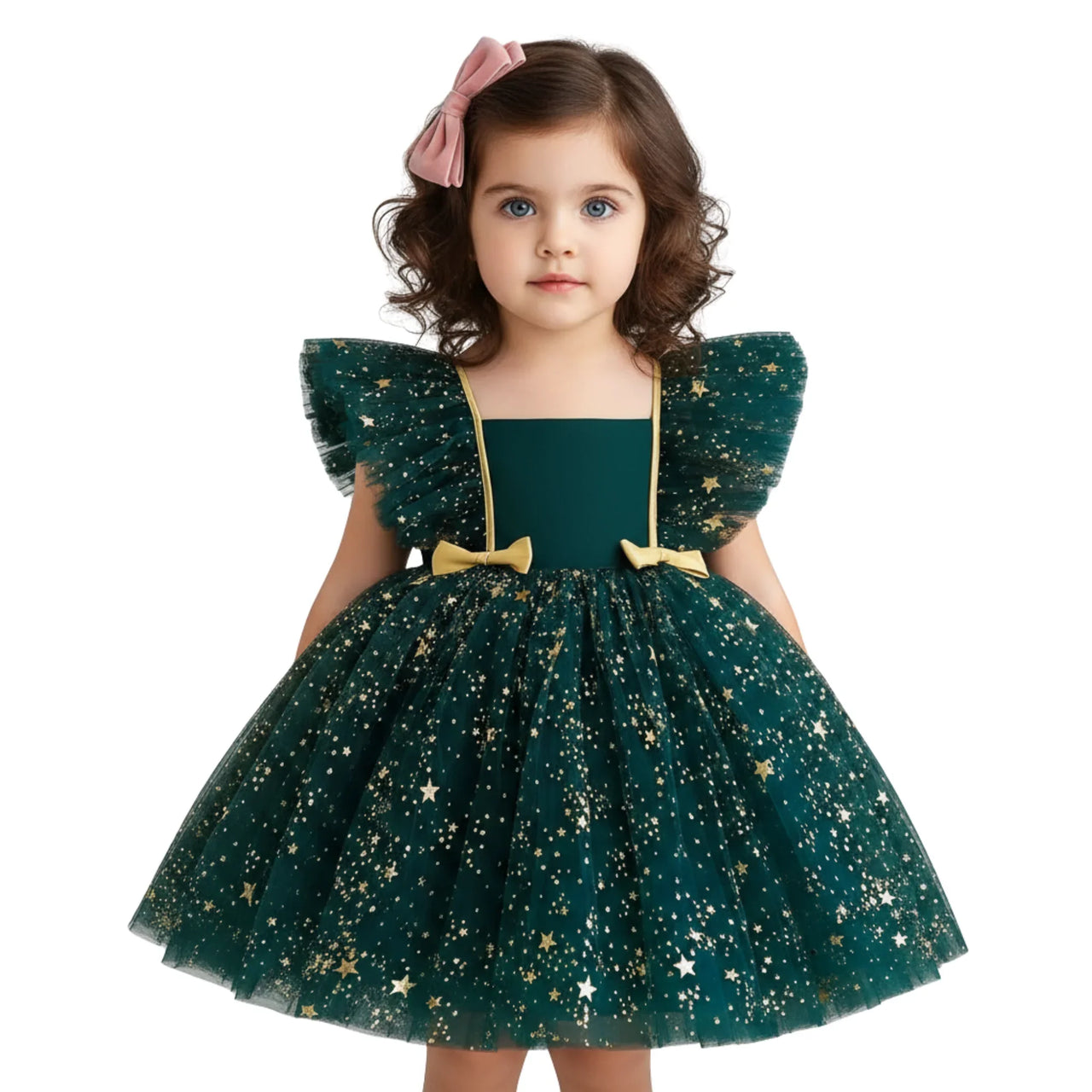 Young girl wearing a green dress with star pattern and gold accents on a white background