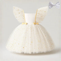 Thumbnail for White dress with gold star accents and a bow on a light gray background