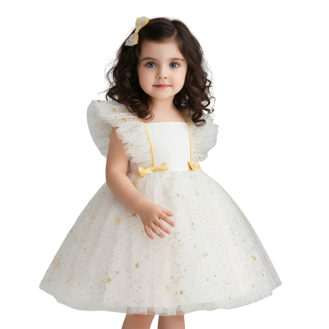 Young girl wearing a white dress with gold accents on a white background