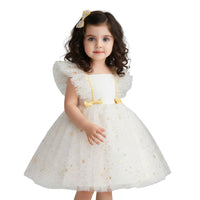 Thumbnail for Young girl wearing a white dress with gold accents on a white background