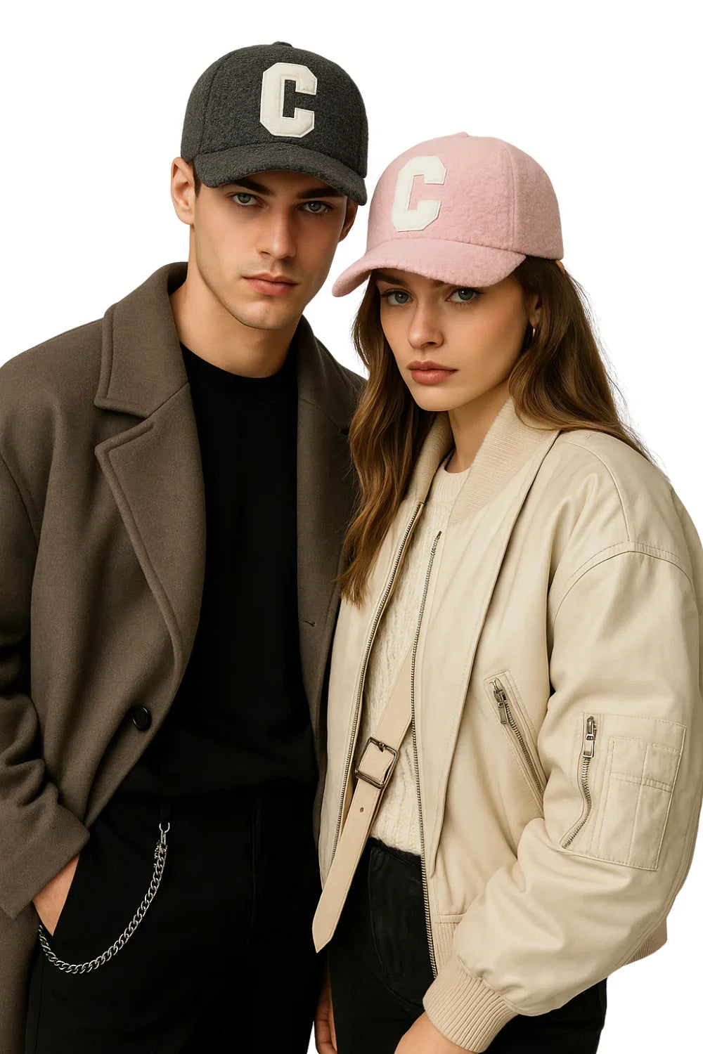 Two people wearing caps with a brand logo on a white background