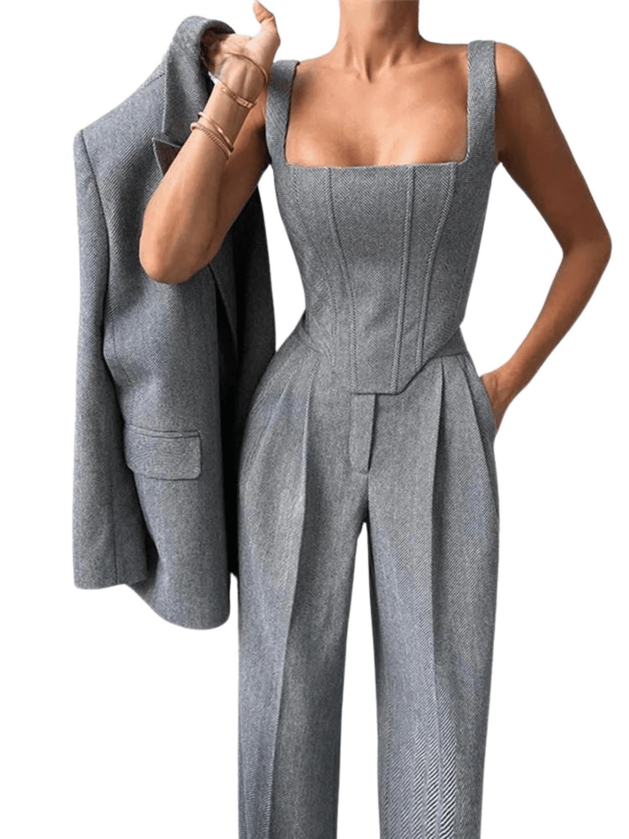 Fish Bone Top Blazer Pants Sets 3 Pieces For Women Solid One Button Jacket Crop Tops High Waist Pocket Pants Lady Office Set, Drestiny, Pant Sets, Pant Suits, Sets, Blazers, Jackets, Crop Tops, 3 Piece Grey Suit for Women, 3 Piece Pink Suit for Women, Dress Pants, Casual Pants, Pantsuits, S, M, L, United States, Australia, New Zealand, United Kingdom, Sleeveless, Long Sleeve, Grey, Pink, shopdrestiny.com