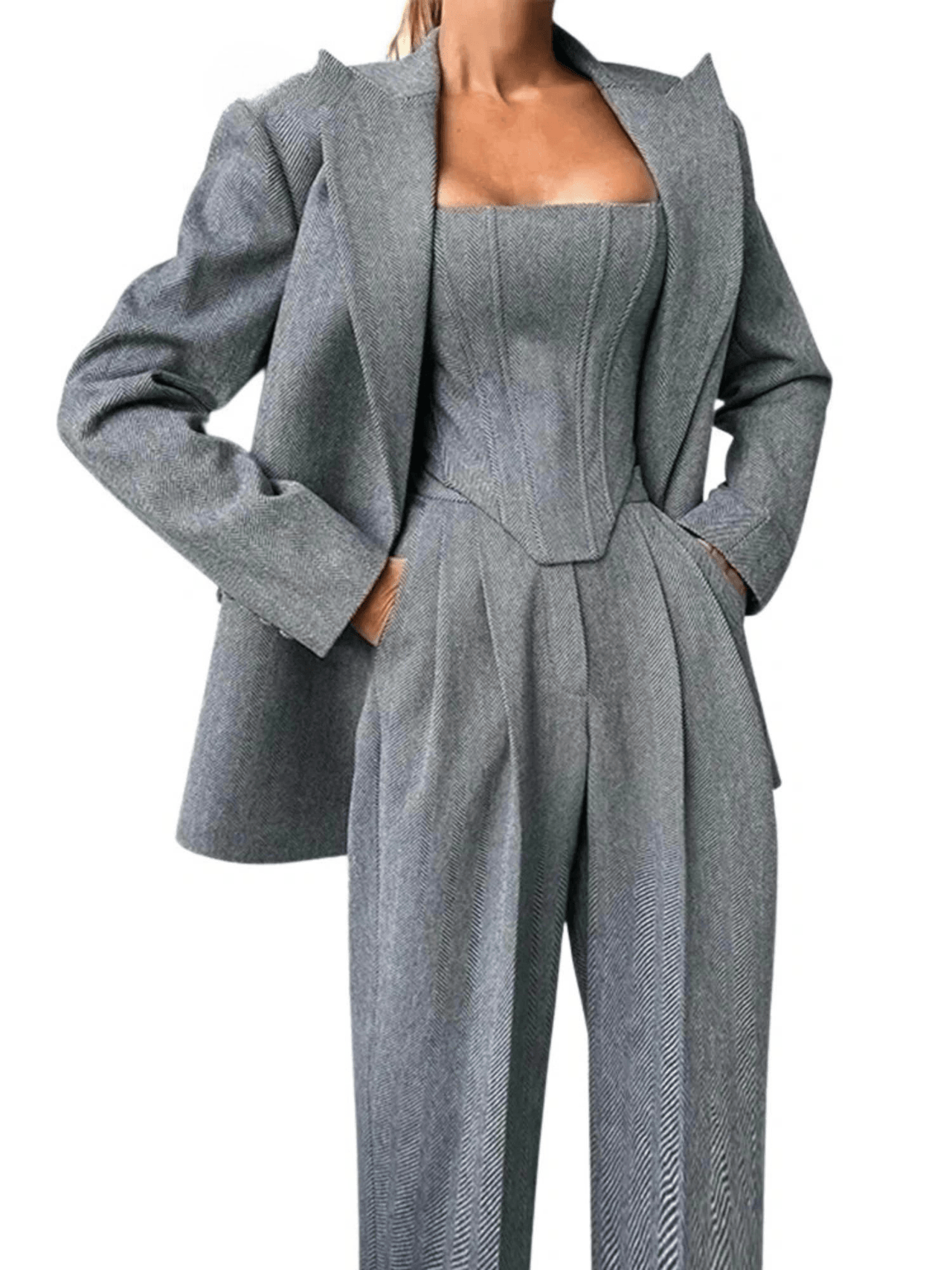 Fish Bone Top Blazer Pants Sets 3 Pieces For Women Solid One Button Jacket Crop Tops High Waist Pocket Pants Lady Office Set, Drestiny, Pant Sets, Pant Suits, Sets, Blazers, Jackets, Crop Tops, 3 Piece Grey Suit for Women, 3 Piece Pink Suit for Women, Dress Pants, Casual Pants, Pantsuits, S, M, L, United States, Australia, New Zealand, United Kingdom, Sleeveless, Long Sleeve, Grey, Pink, shopdrestiny.com