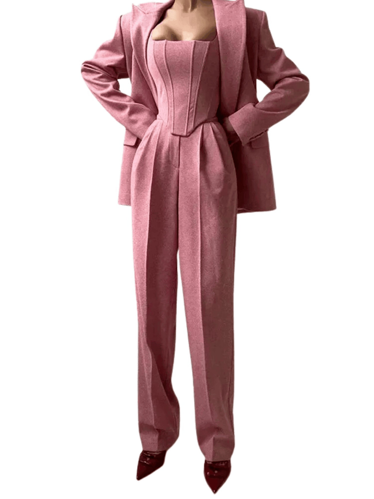 Fish Bone Top Blazer Pants Sets 3 Pieces For Women Solid One Button Jacket Crop Tops High Waist Pocket Pants Lady Office Set, Drestiny, Pant Sets, Pant Suits, Sets, Blazers, Jackets, Crop Tops, 3 Piece Grey Suit for Women, 3 Piece Pink Suit for Women, Dress Pants, Casual Pants, Pantsuits, S, M, L, United States, Australia, New Zealand, United Kingdom, Sleeveless, Long Sleeve, Grey, Pink, shopdrestiny.com