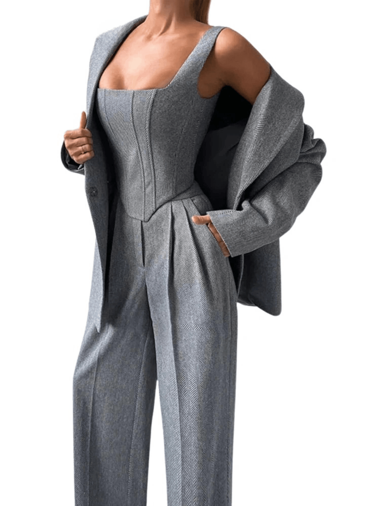 Fish Bone Top Blazer Pants Sets 3 Pieces For Women Solid One Button Jacket Crop Tops High Waist Pocket Pants Lady Office Set, Drestiny, Pant Sets, Pant Suits, Sets, Blazers, Jackets, Crop Tops, 3 Piece Grey Suit for Women, 3 Piece Pink Suit for Women, Dress Pants, Casual Pants, Pantsuits, S, M, L, United States, Australia, New Zealand, United Kingdom, Sleeveless, Long Sleeve, Grey, Pink, shopdrestiny.com