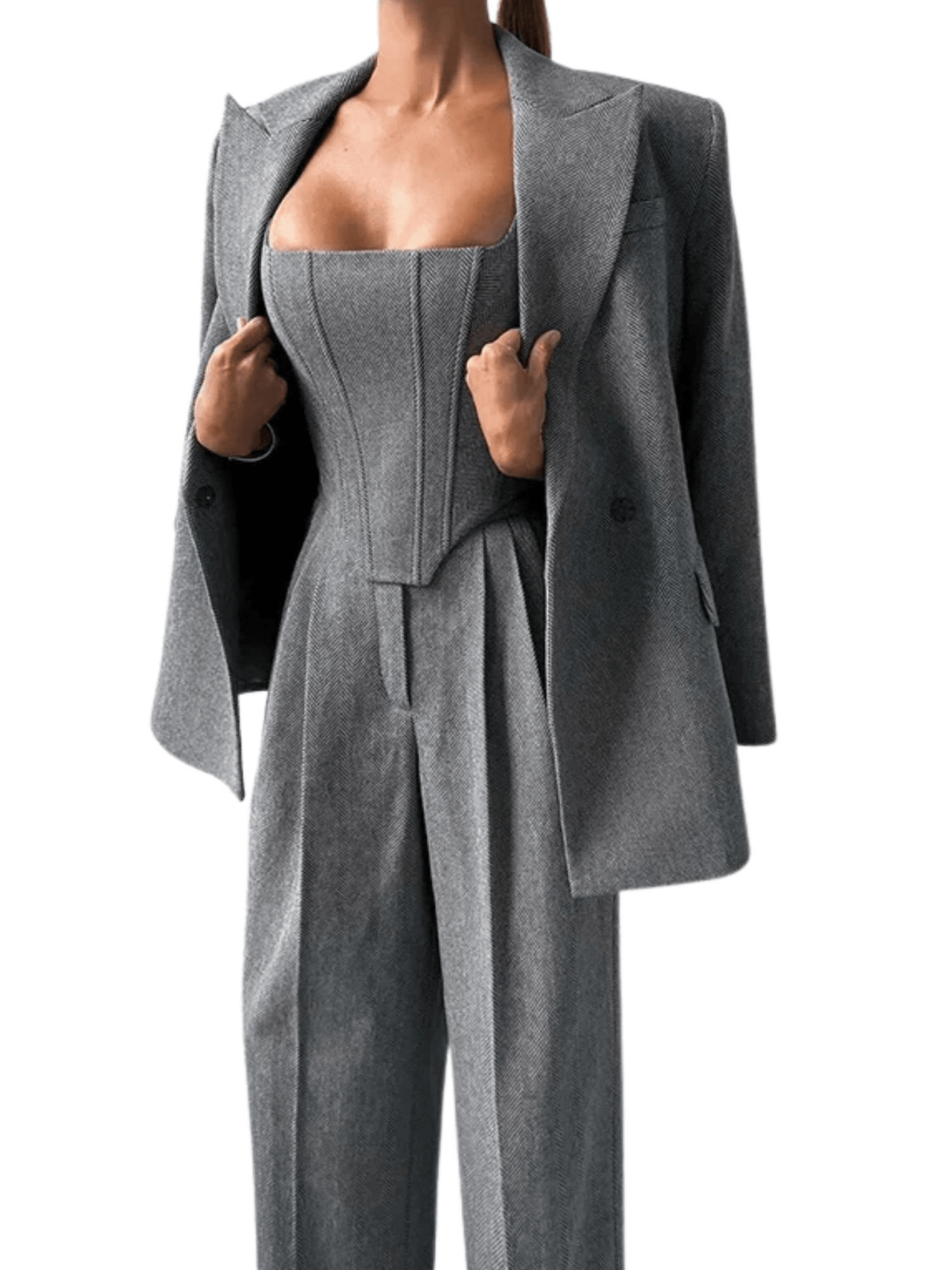 Fish Bone Top Blazer Pants Sets 3 Pieces For Women Solid One Button Jacket Crop Tops High Waist Pocket Pants Lady Office Set, Drestiny, Pant Sets, Pant Suits, Sets, Blazers, Jackets, Crop Tops, 3 Piece Grey Suit for Women, 3 Piece Pink Suit for Women, Dress Pants, Casual Pants, Pantsuits, S, M, L, United States, Australia, New Zealand, United Kingdom, Sleeveless, Long Sleeve, Grey, Pink, shopdrestiny.com