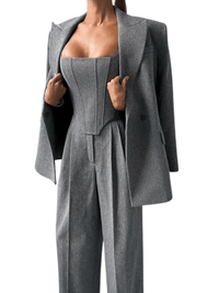 Thumbnail for Fish Bone Top Blazer Pants Sets 3 Pieces For Women Solid One Button Jacket Crop Tops High Waist Pocket Pants Lady Office Set, Drestiny, Pant Sets, Pant Suits, Sets, Blazers, Jackets, Crop Tops, 3 Piece Grey Suit for Women, 3 Piece Pink Suit for Women, Dress Pants, Casual Pants, Pantsuits, S, M, L, United States, Australia, New Zealand, United Kingdom, Sleeveless, Long Sleeve, Grey, Pink, shopdrestiny.com