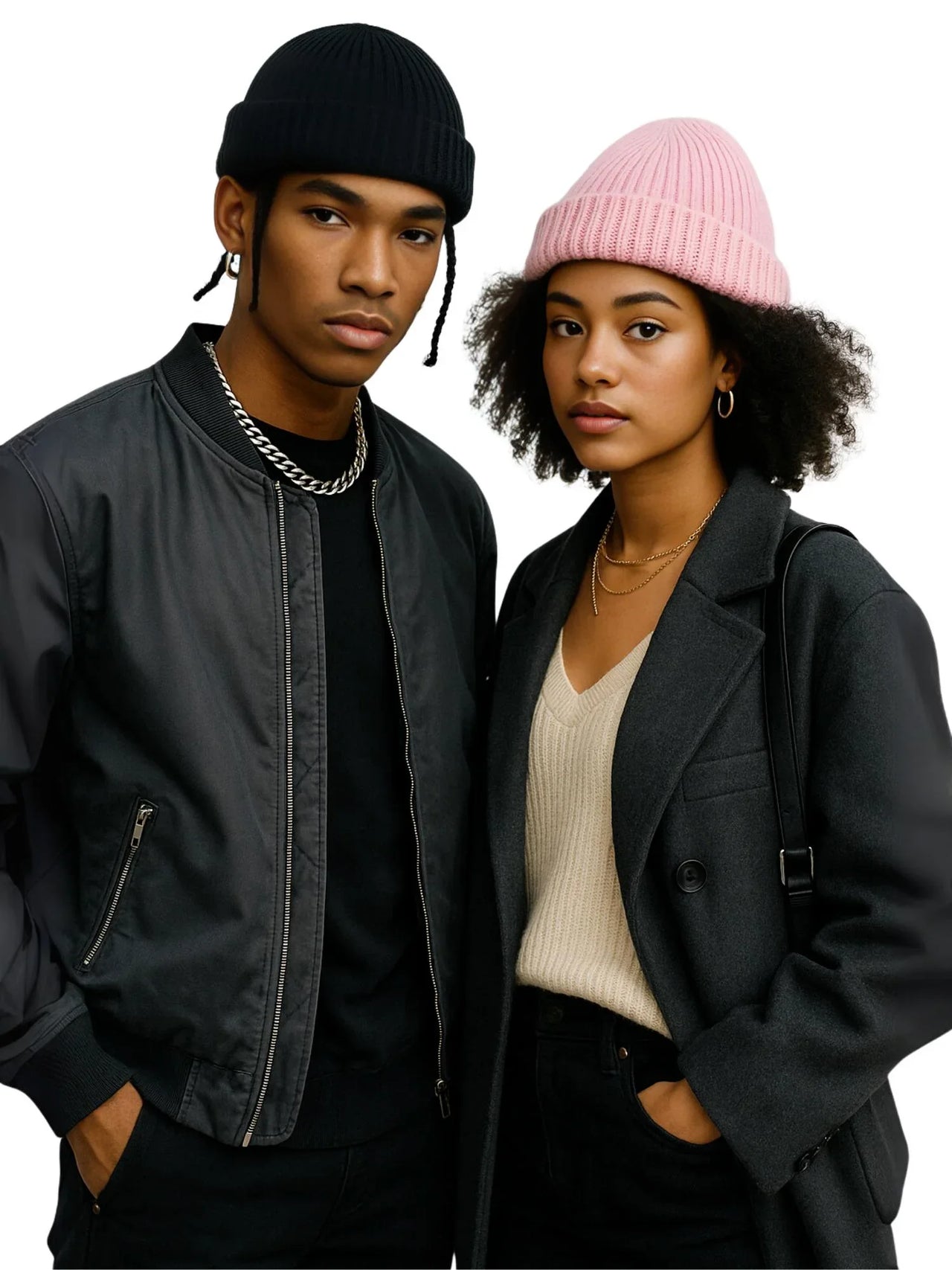 Two people wearing stylish winter clothing and beanie hats on a white background