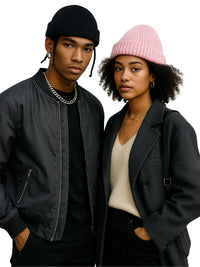 Thumbnail for Two people wearing stylish winter clothing and beanie hats on a white background