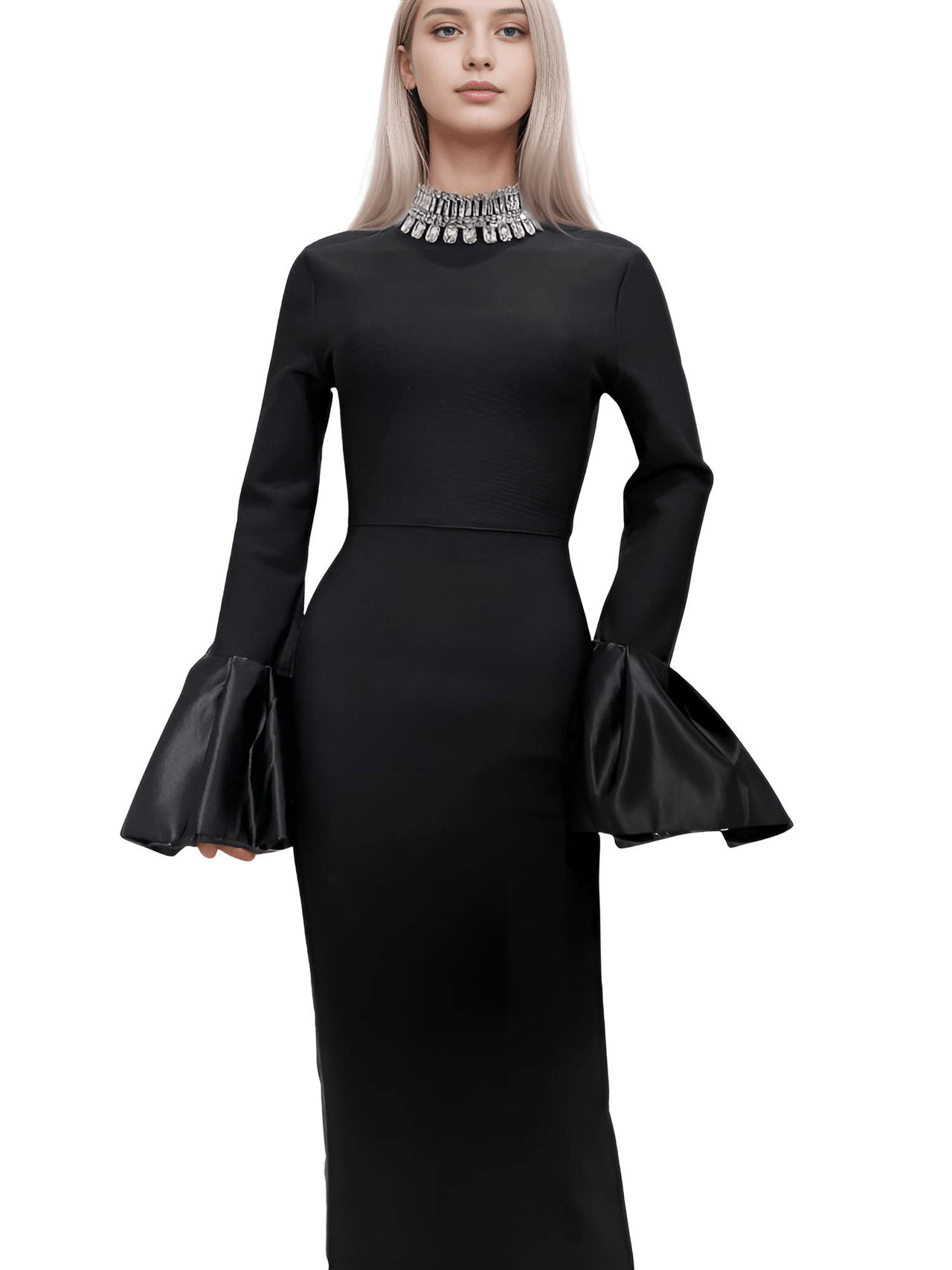 Flare Sleeve Shining Diamond Neck Long Dress Elegant Woman Black Bandage Evening Party Dress Cocktail Party Outfit, Drestiny, Ankle Length Dresses, Cocktail Dresses, Hollywood Dresses, Long Black Dresses, Maxi Dresses, Black, Silver, Diamond Dresses, Long Sleeves, Long Sleeve Dresses, United States, Canada, Australia, New Zealand, United Kingdom, XS, S, M, L, XL, shopdrestiny.com
