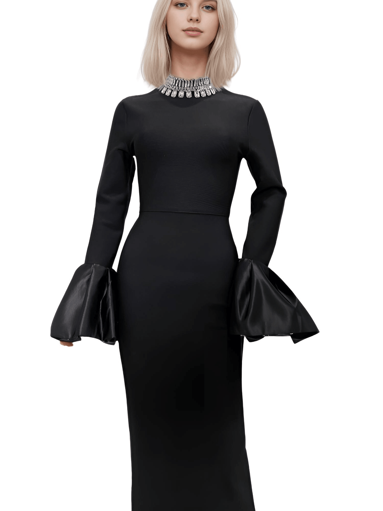 Flare Sleeve Shining Diamond Neck Long Dress Elegant Woman Black Bandage Evening Party Dress Cocktail Party Outfit, Drestiny, Ankle Length Dresses, Cocktail Dresses, Hollywood Dresses, Long Black Dresses, Maxi Dresses, Black, Silver, Diamond Dresses, Long Sleeves, Long Sleeve Dresses, United States, Canada, Australia, New Zealand, United Kingdom, XS, S, M, L, XL, shopdrestiny.com