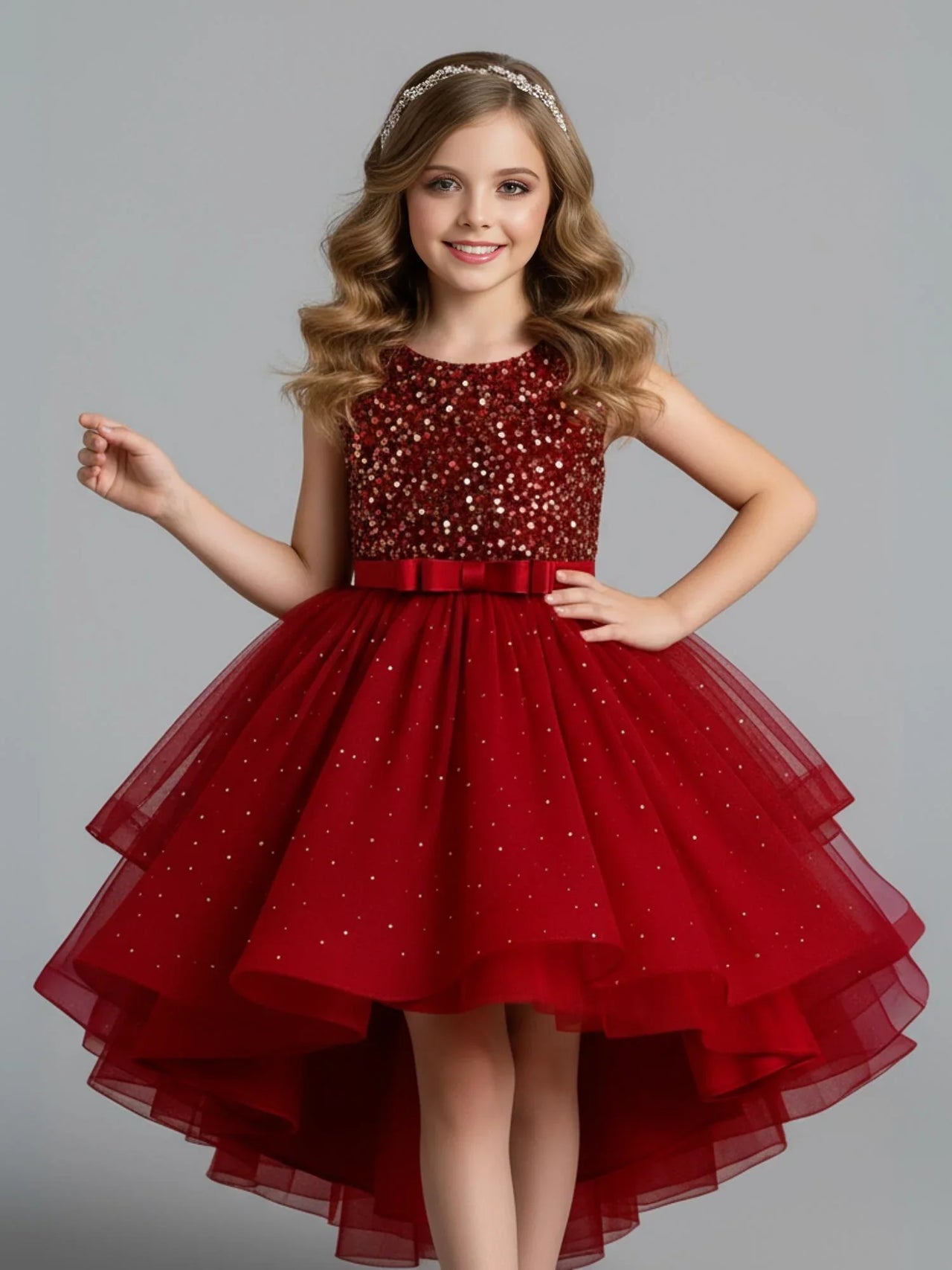 Flower Girl's Trailing Sequin Dress Baby Wedding Christmas Party Dress Teenager Children Kids Elegant Dress for 3-15Years