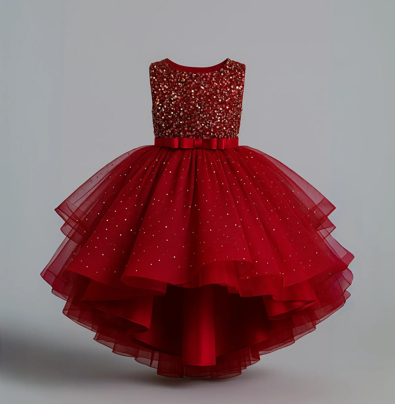 Red sequined dress with a layered tulle skirt on a gray background