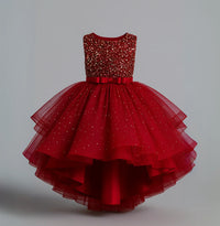 Thumbnail for Red sequined dress with a layered tulle skirt on a gray background