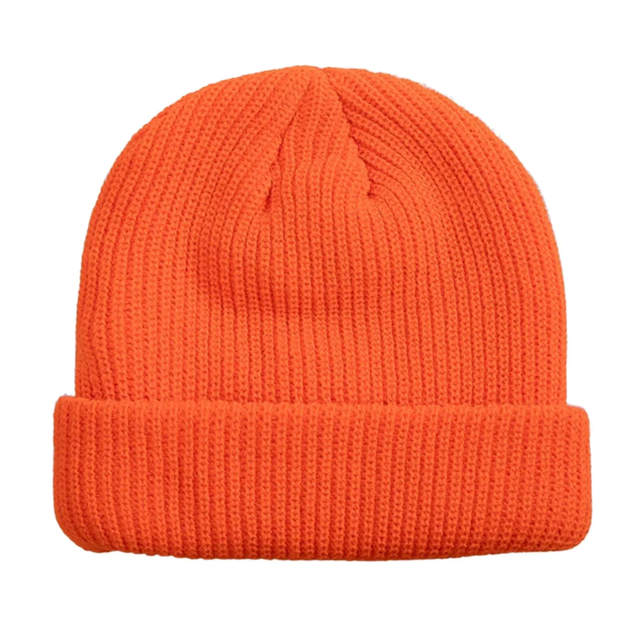 Fluorescent orange beanie on a white background