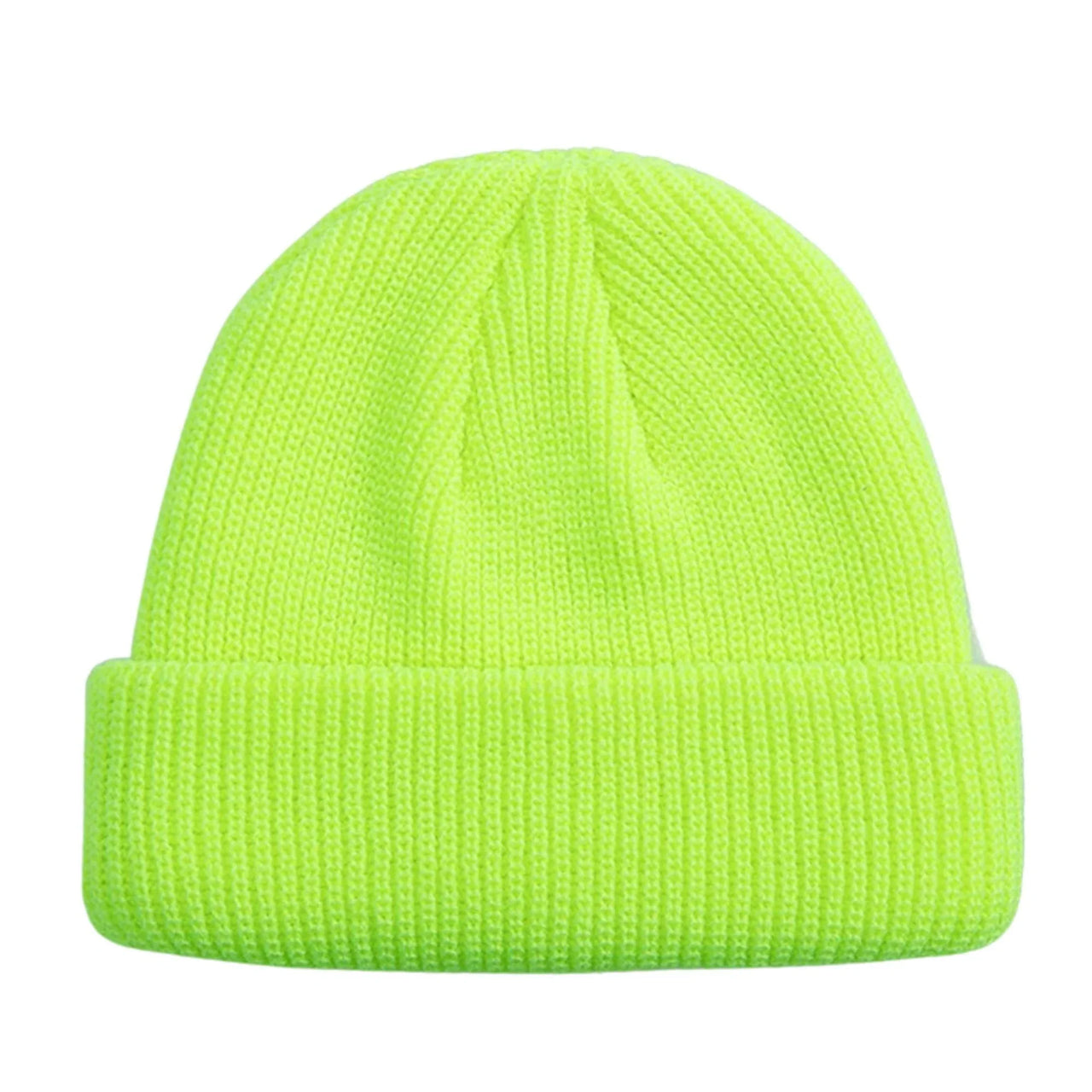 Fluorescent yellow beanie on a white background