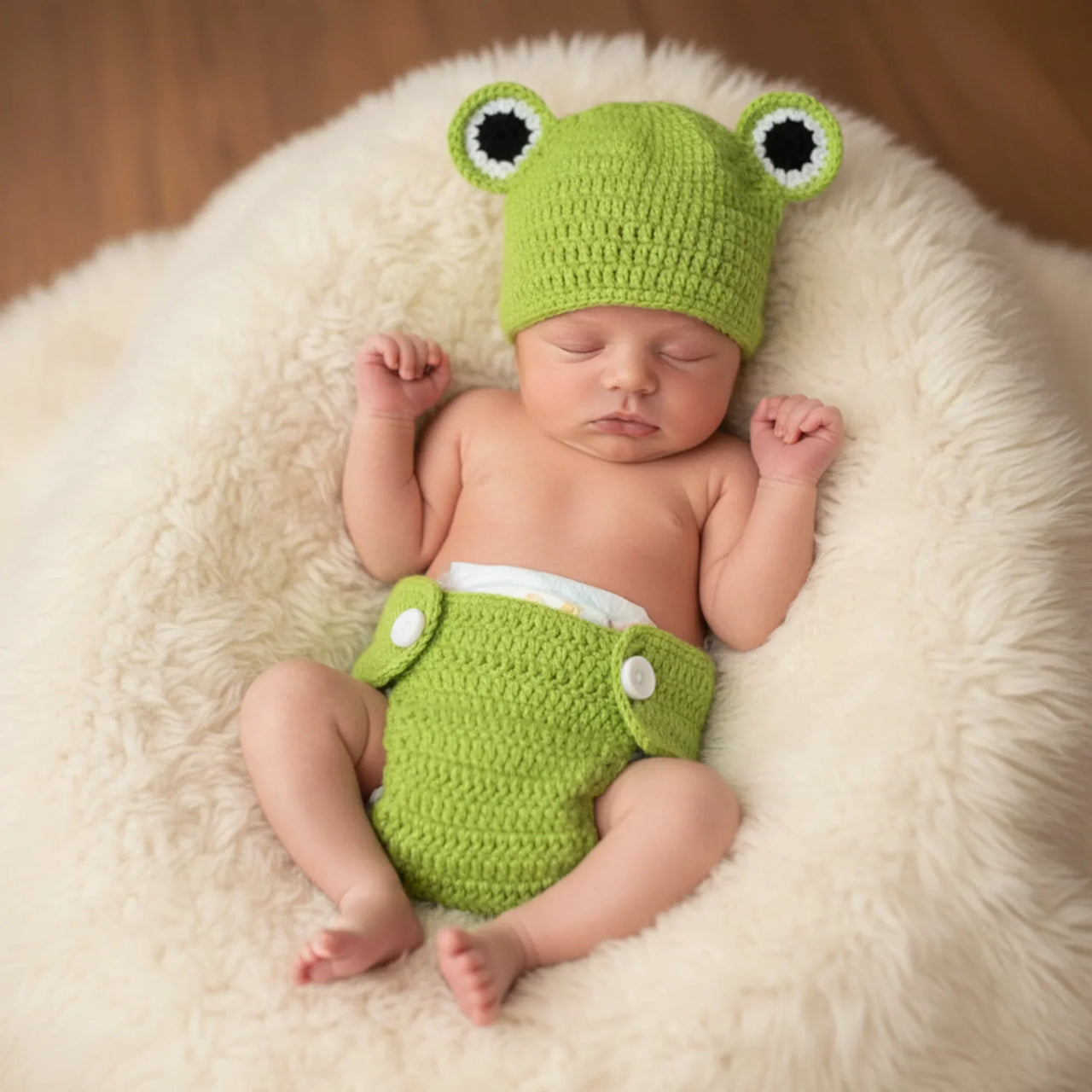 Newborn baby wearing a green frog hat and diaper set on a fluffy white blanket.