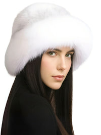 Thumbnail for Woman wearing a white fur hat on a white background