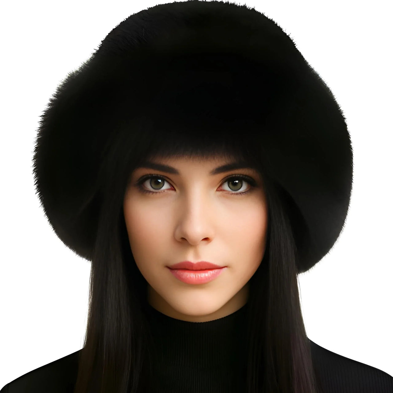 Woman wearing a black fur hat on a white background